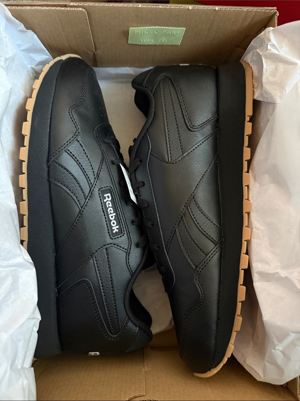 Brand New Reebok Men's Black Leather Sneakers with Gum Outsole
